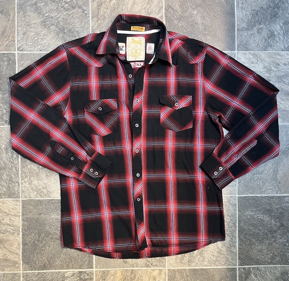 Sovereign Code Shirt Mens XL Red Black Plaid Western Pearl Snap Long Sleeve